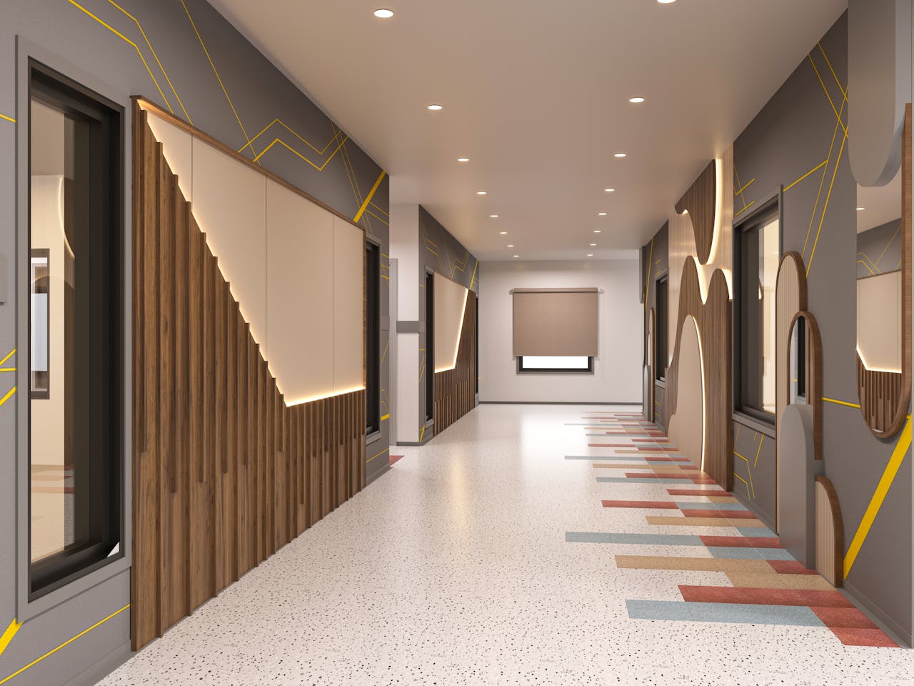 The Art of Drawing Readers In: Your attractive post title goes here Sleek indoor corridor featuring contemporary geometric wall patterns and vibrant flooring.